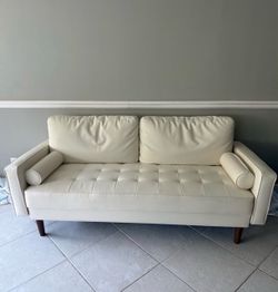 Cream Leather Tufted Mid-Century Modern Sofa