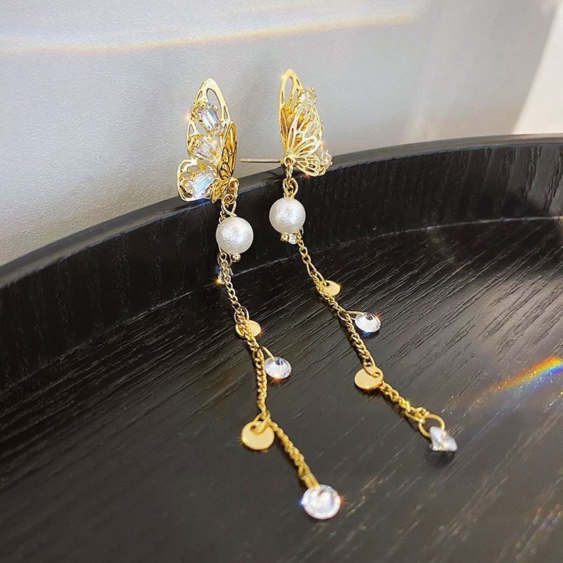Elegant Gold Butterfly Dangle Earrings with Pearls, Long Drop Chain, Lightweight