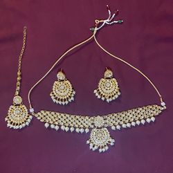 Studded Choker Necklace with Maang Tikka Earrings Set