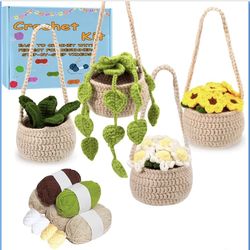 New  4 PCS Car Hanging Basket Hanging Plant for Car Decor Crochet Starter Kit Cute Potted Plants Crochet with Step-by-Step Video Tutorials Complete Cr