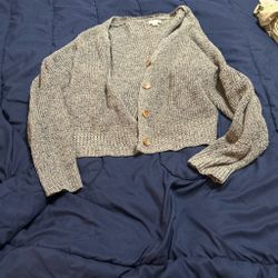 Gray Cropped Knit Button-Up Cardigan