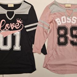 Bobbie Brooks 2 Tee Tops, Bossy 89 And Loves 01. Pink And Black. Size Small Used