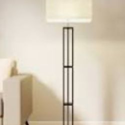 Modern Floor Lamp With White Rectangular Shade And Base Made From 3 Stacked Black Wood Rectangles H57”