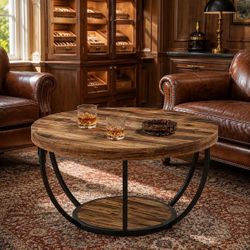 31.5 in. Rustic Brown Round Wood Coffee Accent Center Table with Storage Shelf.