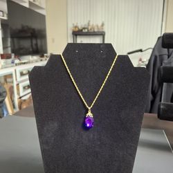 Yellow Gold Plated 23" Rope Chain With Large Faceted Oval Cut Deep Purple Amethyst 💜  W/Smaller CZ's Pendant - FEBRUARY BIRTHSTONE 23"