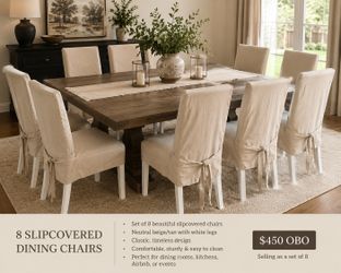 8 Slipcovered Beige Dining Room Chairs