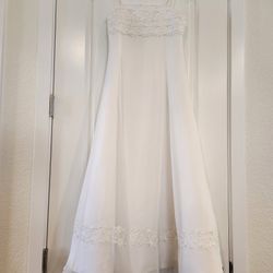David's Bridal White  Dress size 10, clean, hard to see but small trace of stain on the lace and inside of strap-please see the pictures, 