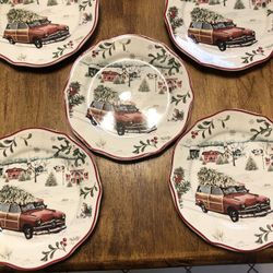 5 Christmas Lunch Plates Woody Car With Tree