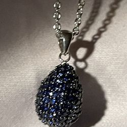 Blue Sapphire Pave Egg Pendant  Silver  925 , Bahari Chain Necklace 