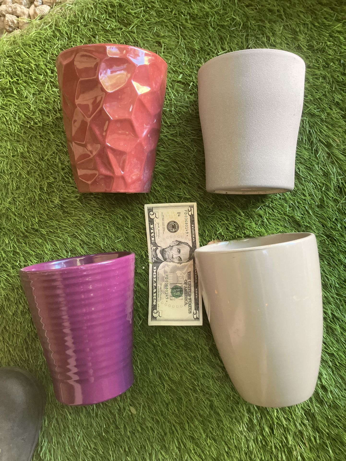 Like New 4 plant pot planters glazed ceramic, red, grey, tpurple, sandstone approx 6” tall x 4” wide