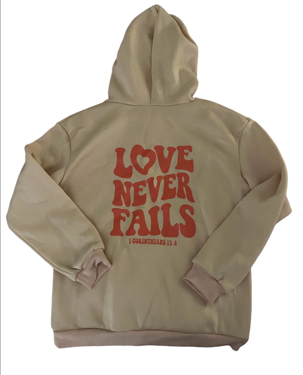 “LOVE NEVER FAILS” Sweatshirt Hoodie Adult Size Small