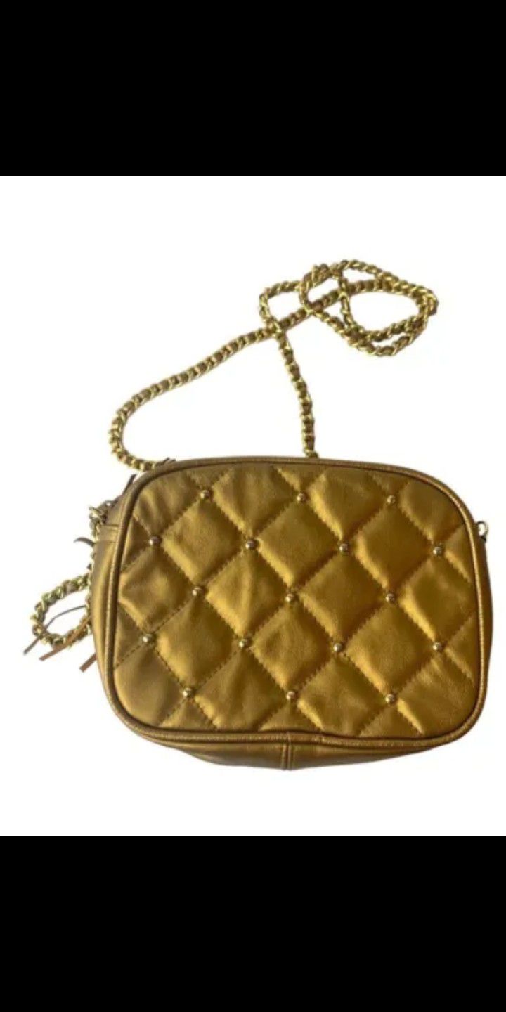 La Covina Gold Metallic Quilted Leather Shoulder Bag Chain Strap