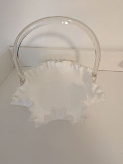 Vintage Fenton Silvercrest Glass Basket w/Crimped, Ruffled Edge & Bamboo Handle 9" across