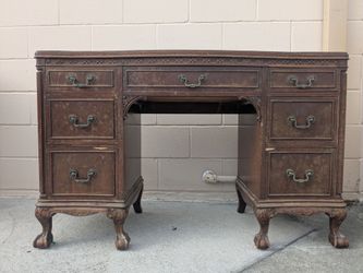 Antique Chippendale Style Carved Wood Pedestal Desk
