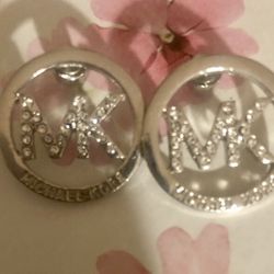 large Michael KORS Silver round MK logo pave Swarovski Crystals stud earrings 