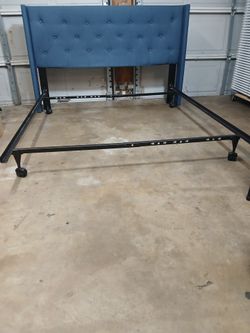 Blue Tufted Upholstered Headboard with Metal Bed Frame