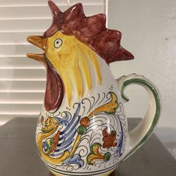 Deruta Ceramic “Rooster Of Fortune” Pitcher Handpainted Made In Italy 8.25”