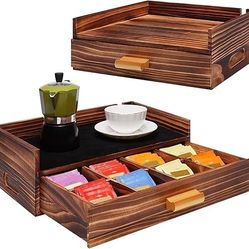 New Wooden Tea Bag Organizer with Anti-Slip Padding,Tea Box and Coffee Capsule Storage,All-in-One Tea Station Tea Bag Holder for Home Office