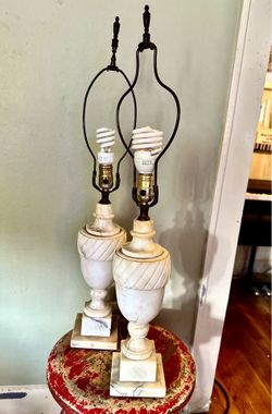 Vintage Mid-Century Neoclassic Alabaster Hand Carved Urn Shaped Lamps
