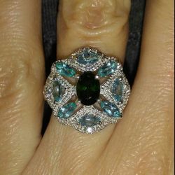 Brand New Sterling Silver Genuine Green Sapphire with White & Blue Topaz Halo Ring!!!