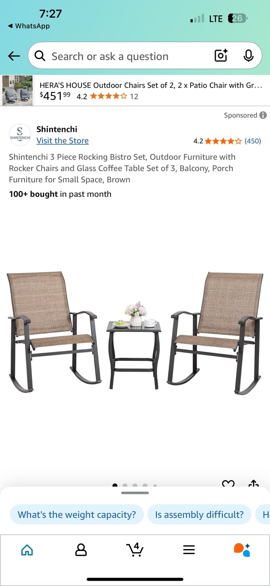 Shintenchi 3 Piece Rocking Bistro Set, Outdoor Furniture with Rocker Chairs and Glass Coffee Table Set of 3, Balcony, Porch Furniture for Small Space,