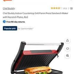 Chef Buddy Indoor Countertop Grill Panini Press Sandwich Maker with Nonstick Plates, Red Great Deal 