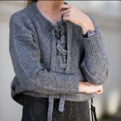 Primark - Gray Knit Sweater with Lace-Up Detail