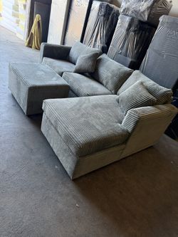Brand New Grey Corduroy Sectionals With Free Ottoman 