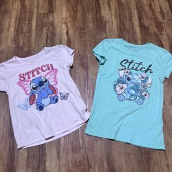 Disney Stitch Girls shirt Size Large 10/12 Short Sleeve Shirts Pink and Green Fl
