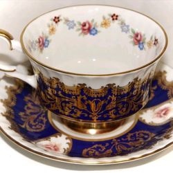 Vintage Paragon England Floral Rose White Turquoise Tea Cup & Saucer Set