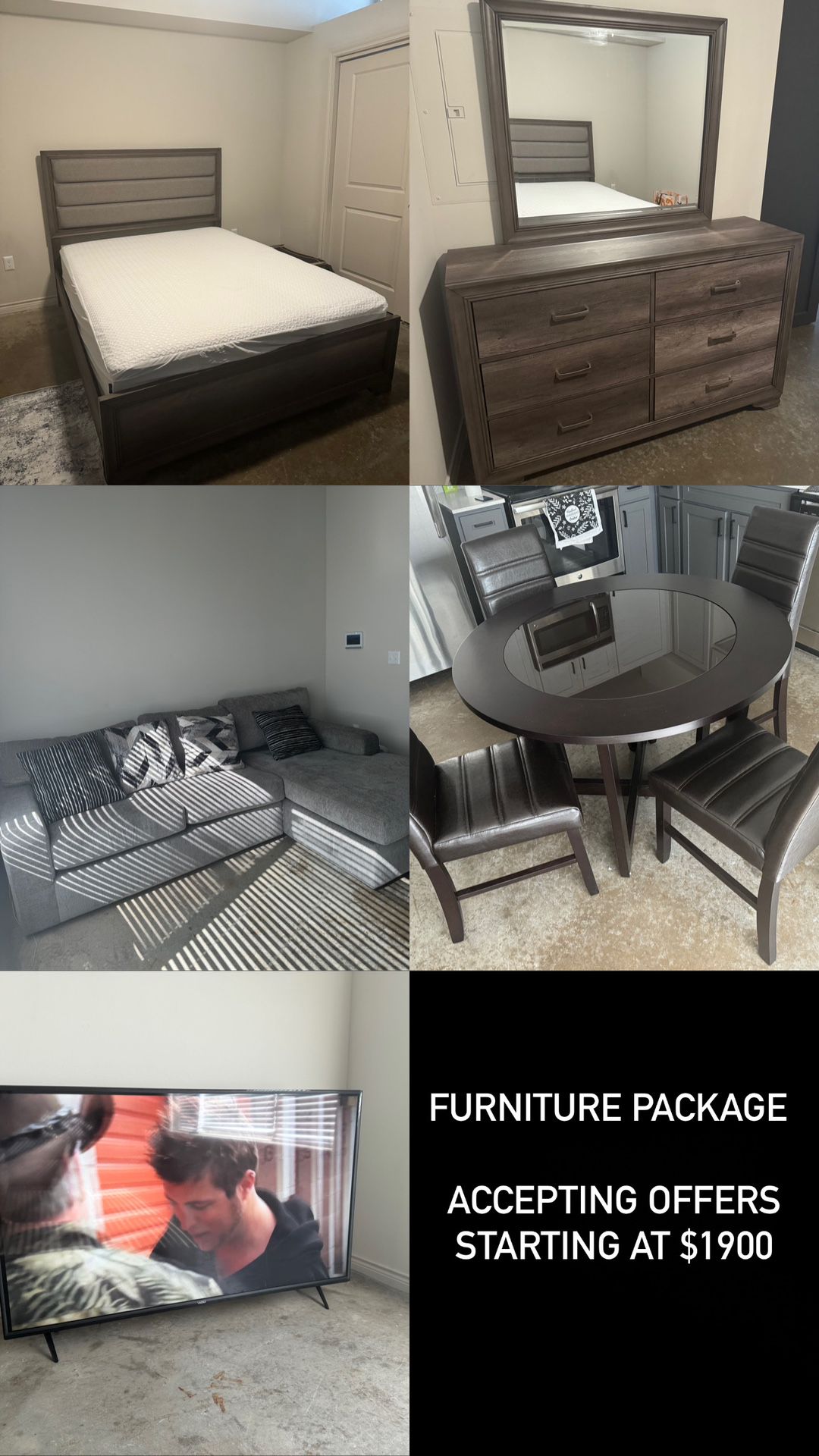 Brand New Furniture. Queen Bed, Dresser, Couch, Dinning Room, TV