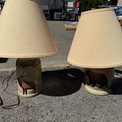 2 Beautiful Pottery Lamps With Elk & Bear