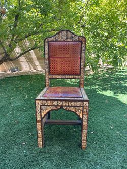 Vintage Moroccan Bone Inlay Accent Chair - Hand-Carved Middle Eastern Side Chair with Intricate Geometric Inlay and Patterned Textile Backrest