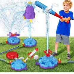 4-in-1 Sprinkler Toys for Kids, Water Outdoor Baseball Rocket Launcher Toy with Water Sprinkler Baseball Toy, Kids Outdoor Sprinkler for Summer Backya