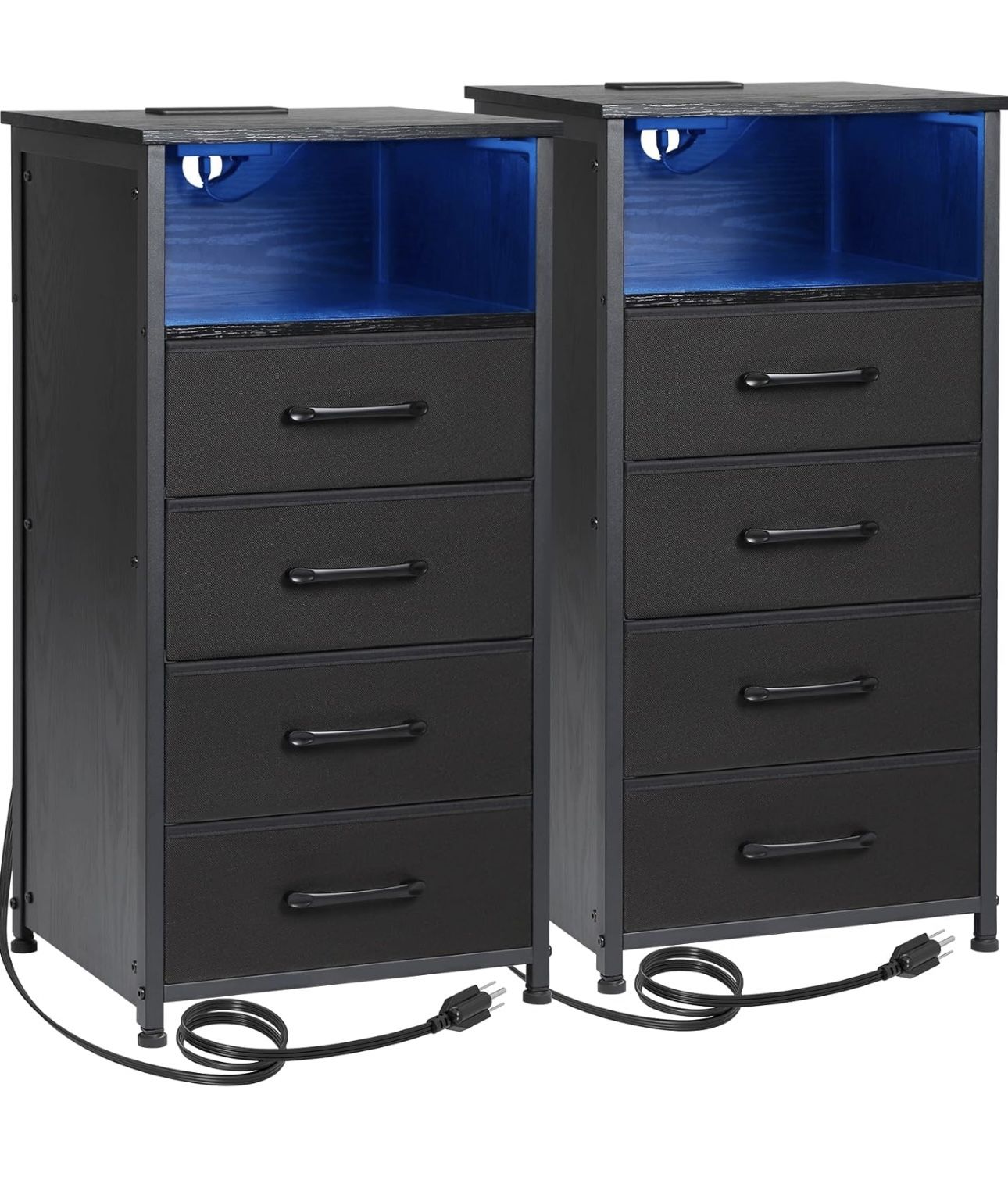 Night Stand Set 2, Tall Nightstand with Charging Station, Dresser for Bedroom with 4 Drawers, LED End Tables with USB Ports and Outlets, Bedside Table