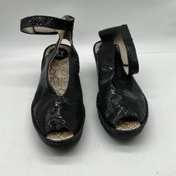 Fly London Yala Black Snake Embossed Leather Peep Toe Wedge Sandals Size 7.5 