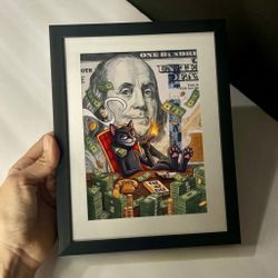 Funny Cat Smoking Cigar on Money Art Print 7”x9”