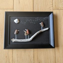 Pebble Art Wall Decor Birds On Branch & Moon HandPainted Framed Art 6x4" Serene!