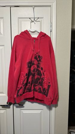 Red Skull Print Zip-Up Hoodie