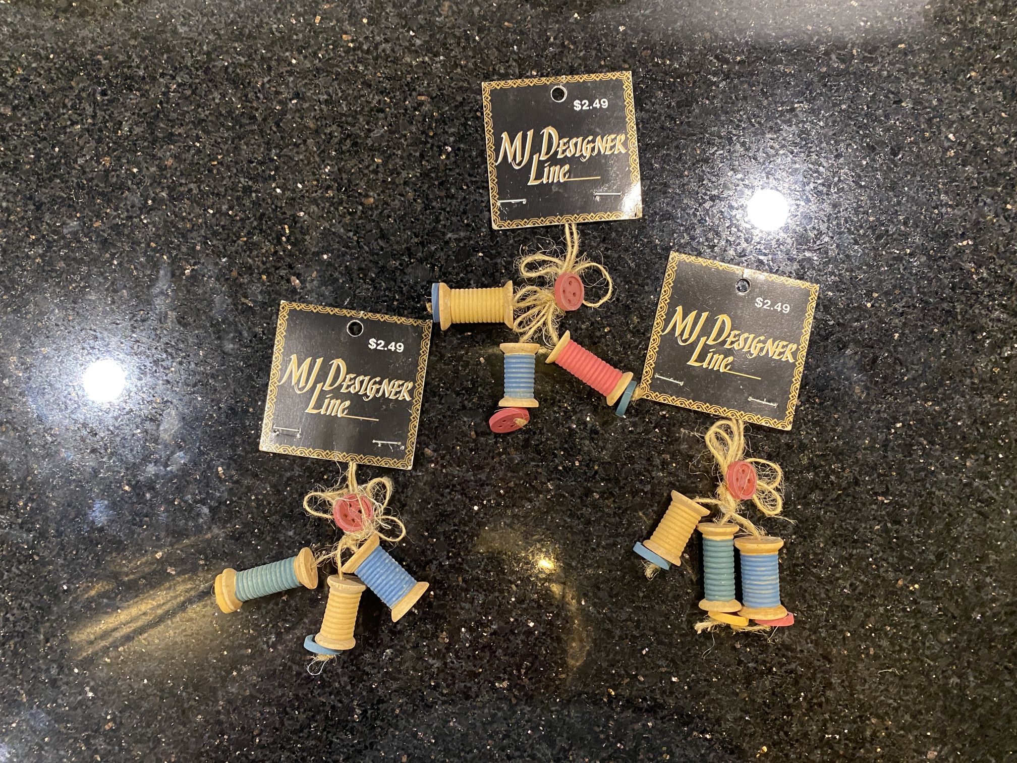Vintage 1996 MJDesigns Wooden Spool Ornaments Decor Set of 3