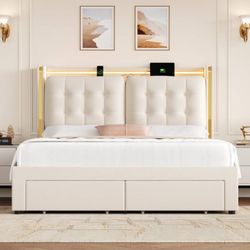 Full Size Velvet Upholstered Storage Bed With LED Lights & Charging Station