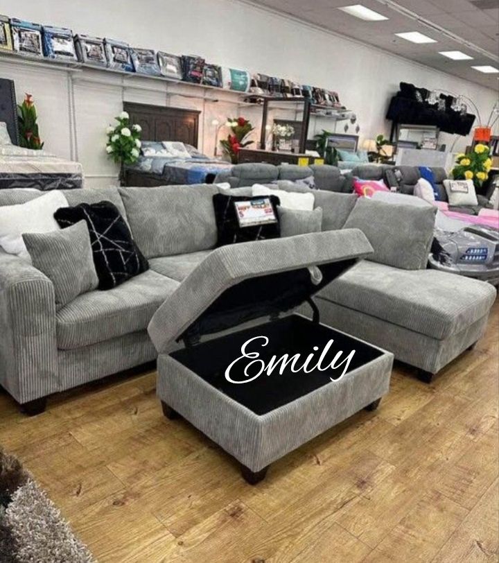 Elegant 3-Pc Light Gray Corduroy Sectional Sofa With Storage Ottoman