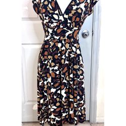 90s Y2K Stretch Jersey Midi Dress Small Empire Waist Babydoll Cap Sleeve Print