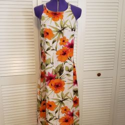 Caribbean Joe Tropical Hawaiian Dress Size Medium, Tan and Orange Floral Print, (Never Worn)