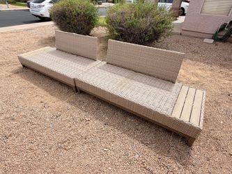 Set (2) Beige Faux Wicker Outdoor Patio Lounge Chairs (LxWxH: 29” x 68” x 28” each)