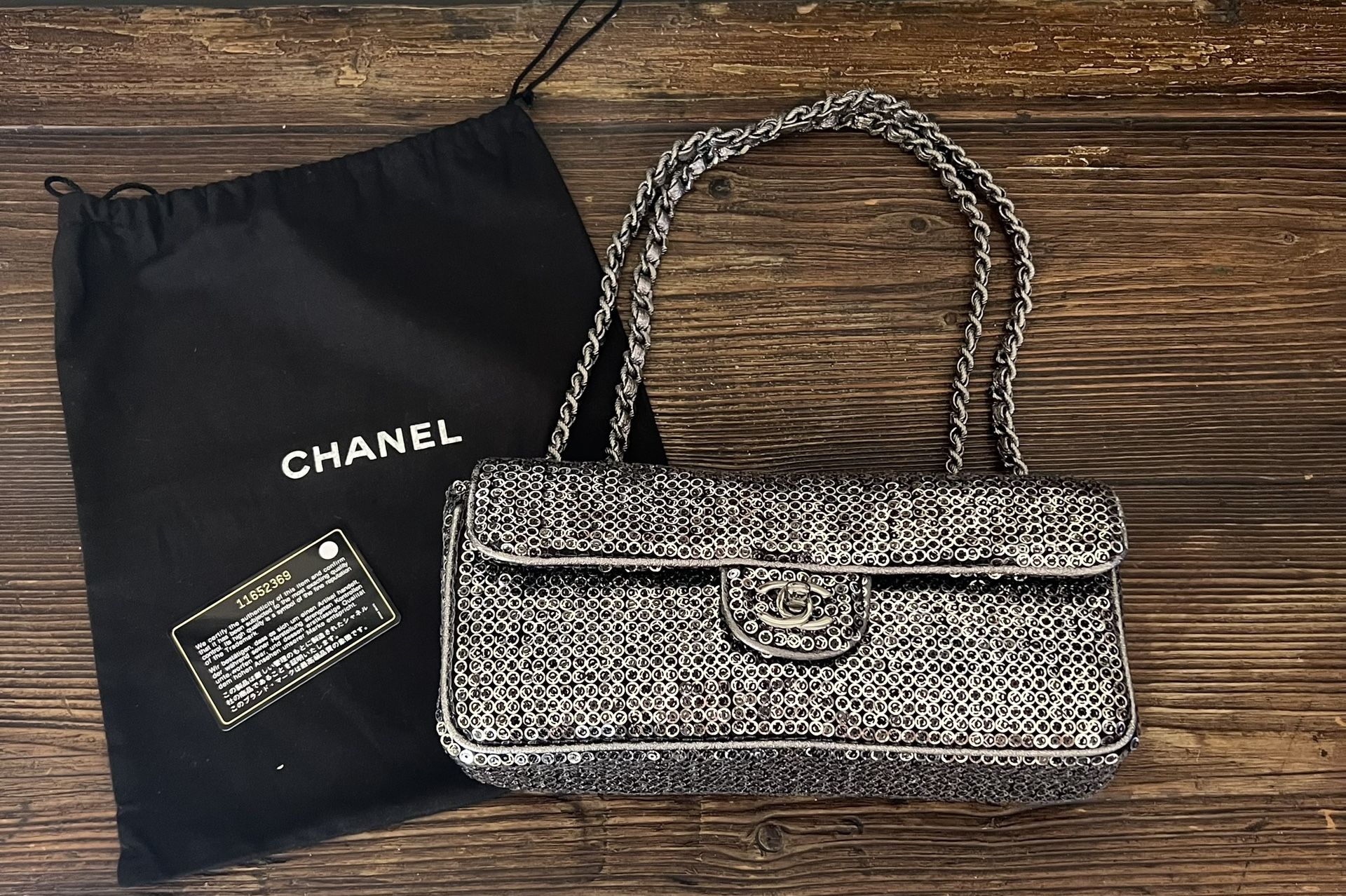 Authentic- Vintage Chanel Sequined Classic Flap Handbag (black/silver)