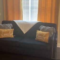 Black Sofa & Love Seat, Pillows & Curtains