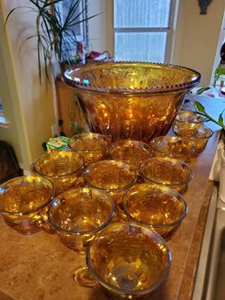 Amber carnival glass punch bowl