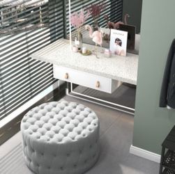 NEW Gray Tufted Ottoman, Velvet-feel Upholstered Foot Stool with Padded Seat