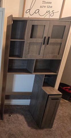 Gray Wood Bookcase with Glass Door Cabinet
